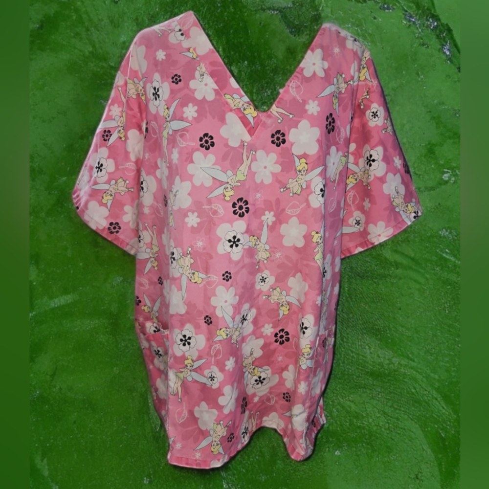 Disney Pink Tinkerbell Scrub Top Shirt Size XL